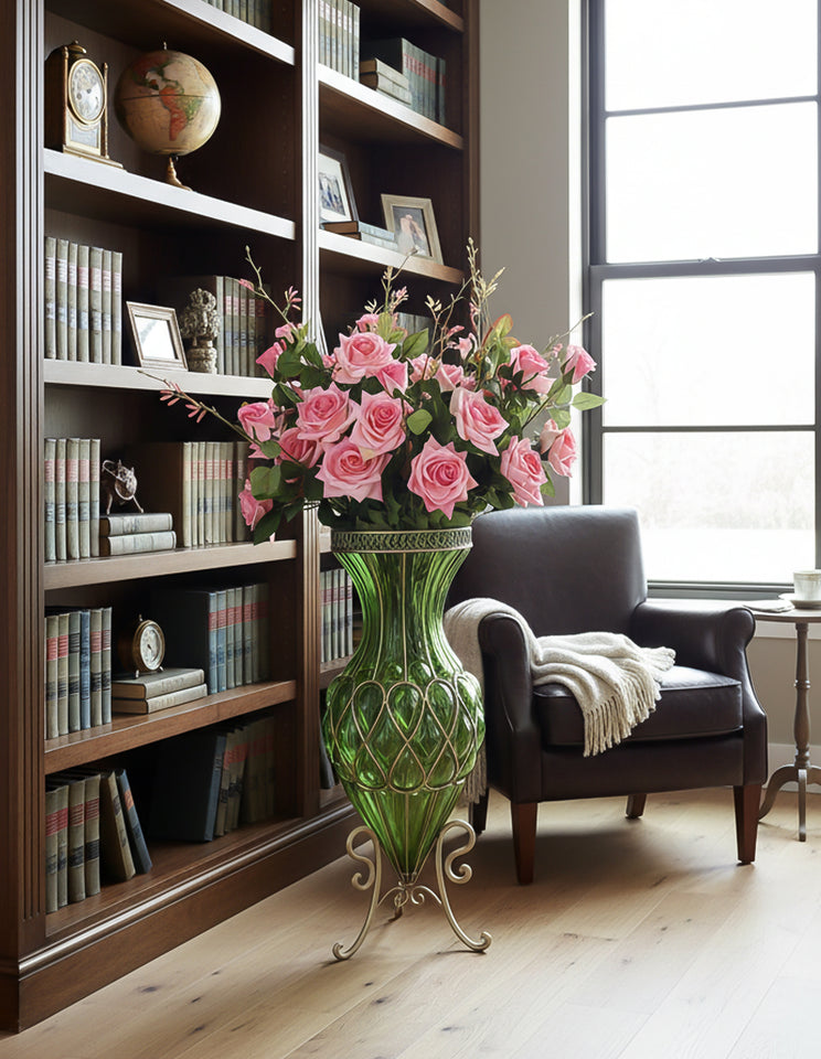 SOGA 67cm Green Glass Tall Floor Vase and 12pcs Pink Artificial Fake Flower Set