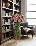SOGA 67cm Green Glass Tall Floor Vase and 12pcs Pink Artificial Fake Flower Set