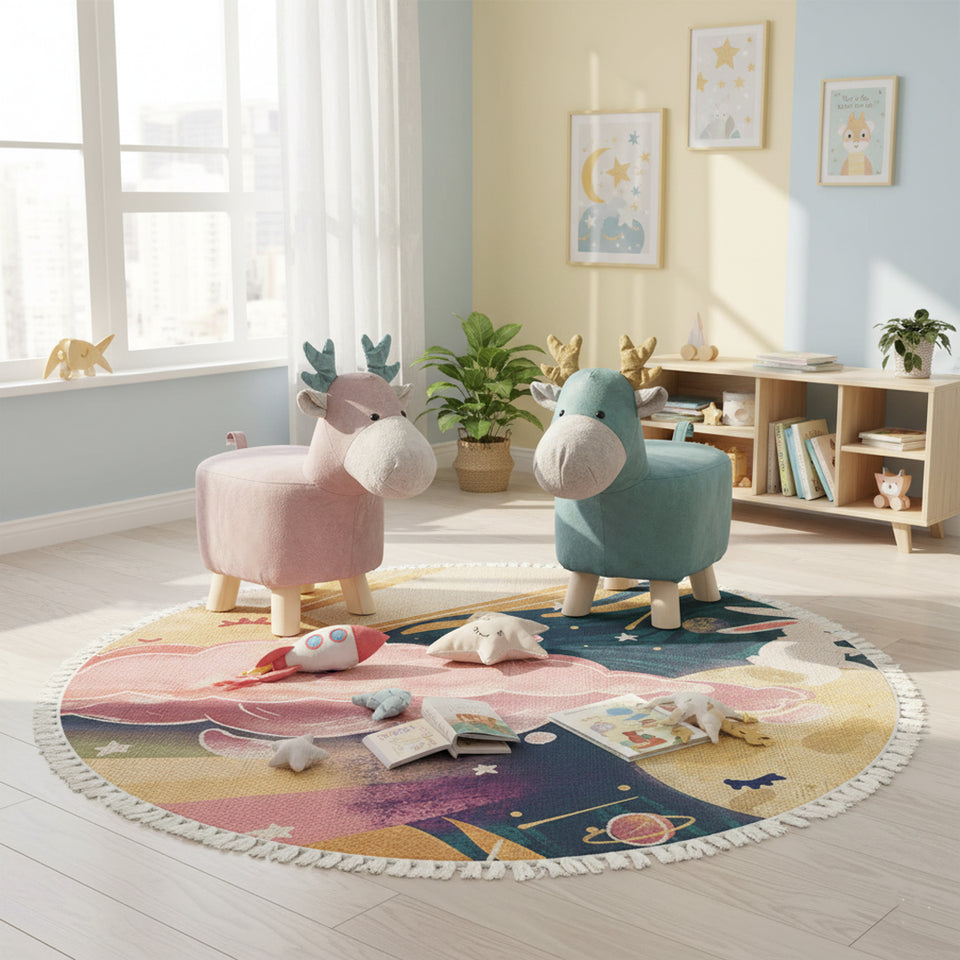 SOGA Home & Living Bundle – Pink & Green Deer Children’s Ottomans & Sky Clouds Round Rug
