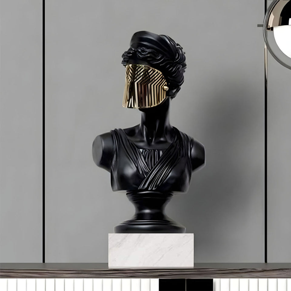 SOGA 45cm Black Resin Bust – Gold Striped Mask Home Sculpture