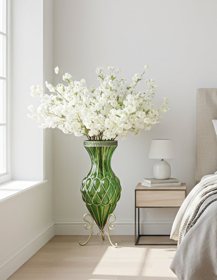 SOGA 67cm Green Glass Tall Floor Vase with 10pcs White Artificial Fake Flower Set