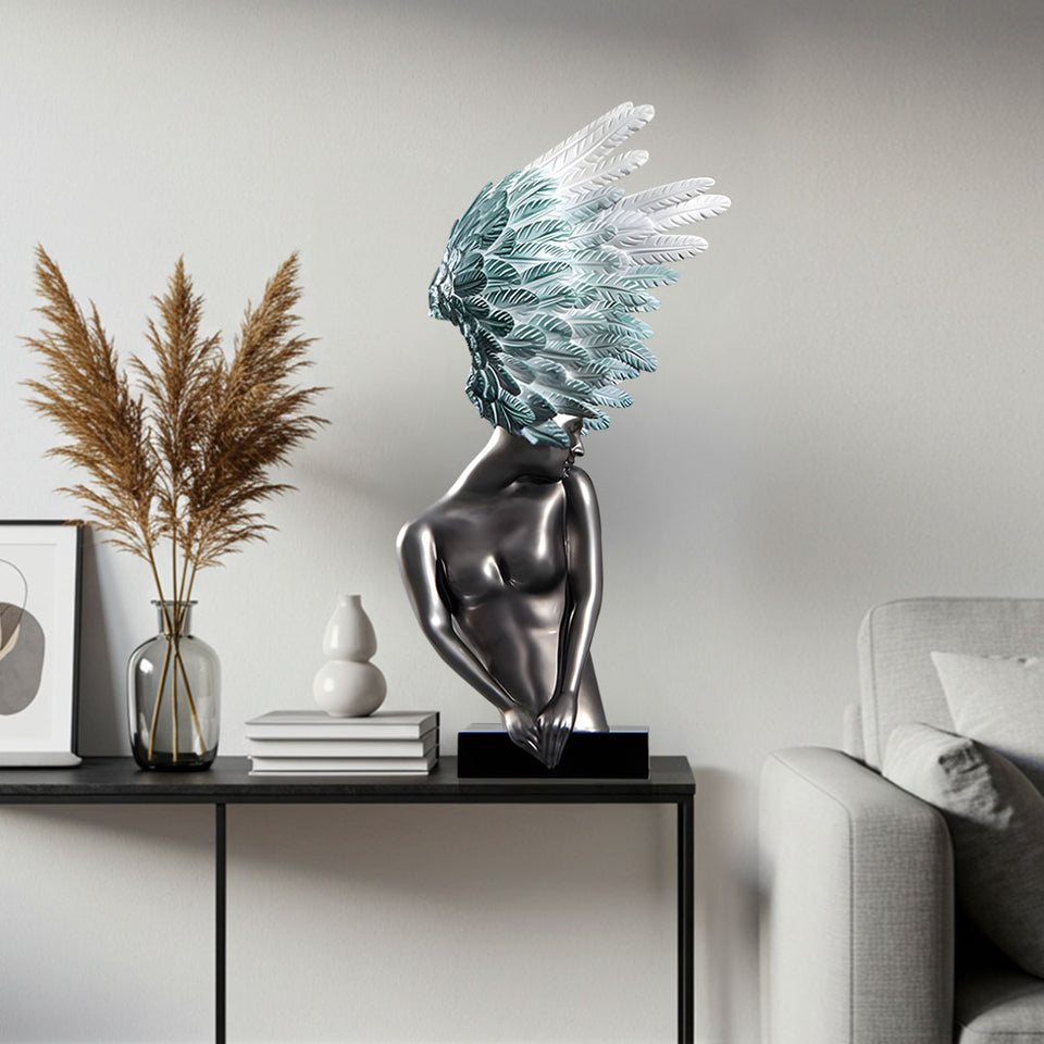 SOGA 86cm Modern Silver Winged Figure Sculpture with Artificial Marble Base for Home Decor