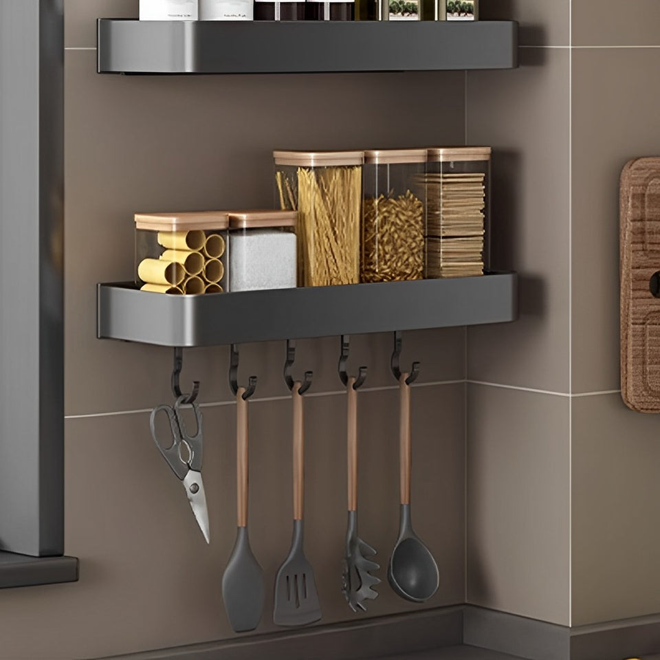 SOGA 42cm Black Wall-Mounted Rectangular Kitchen Spice Storage Organiser Space Saving Condiments Shelf Rack with Hooks