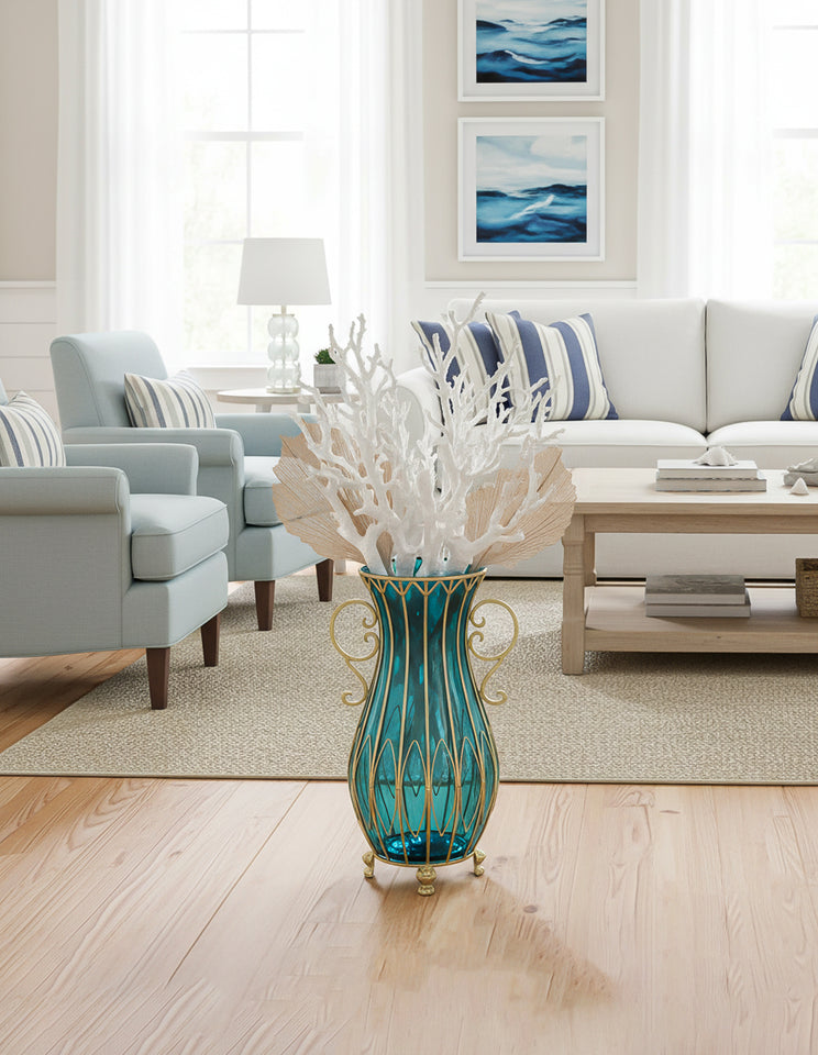 SOGA 51cm Blue Glass Oval Floor Vase with Metal Flower Stand