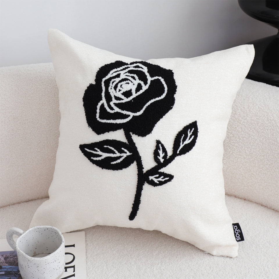SOGA 2X 45cm White Black Single Rose Embroidered Throw Pillow