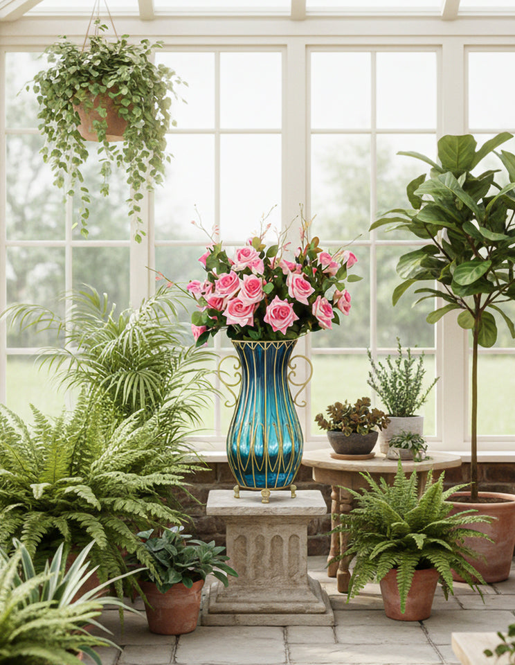 SOGA 51cm Blue Glass Tall Floor Vase with 12pcs Pink Artificial Fake Flower Set