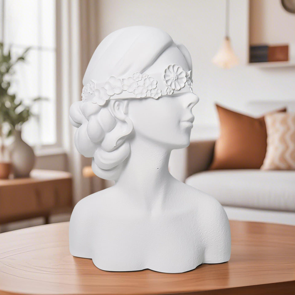 SOGA 36cm White Resin Sculpture Blindfold Lady Bust Design for Home Decor