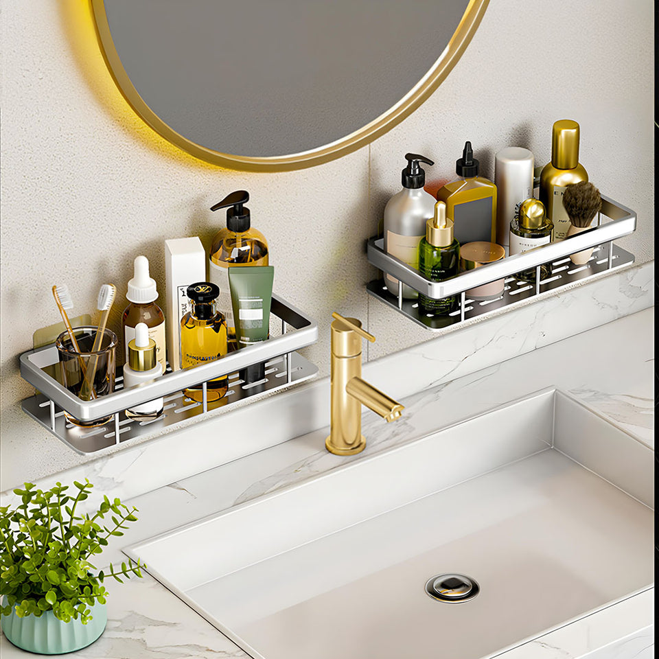 SOGA Silver Wall-Mounted Rectangular Bathroom Storage Organiser Space Saving Adhesive Shelf Rack