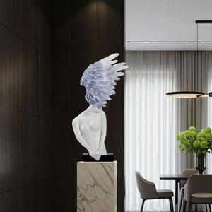 SOGA 86cm White Blue Winged Figure Sculpture with Marble Base