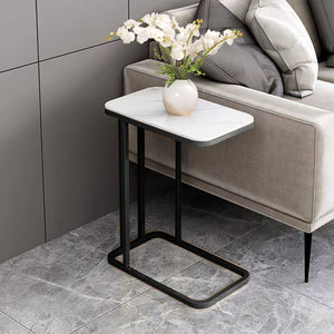 SOGA 2X 30x50x58cm White Stone-Patterned Sofa Side Square Mini Table w/ Black Metal Legs