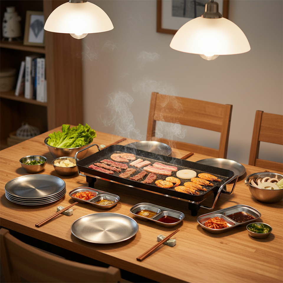 SOGA Kitchenware Bundle – 48cm Electric BBQ Grill with Silver Grilling Plate & Divided Sauce Pan
