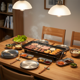 SOGA Kitchenware Bundle – 48cm Electric BBQ Grill with Silver Grilling Plate & Divided Sauce Pan
