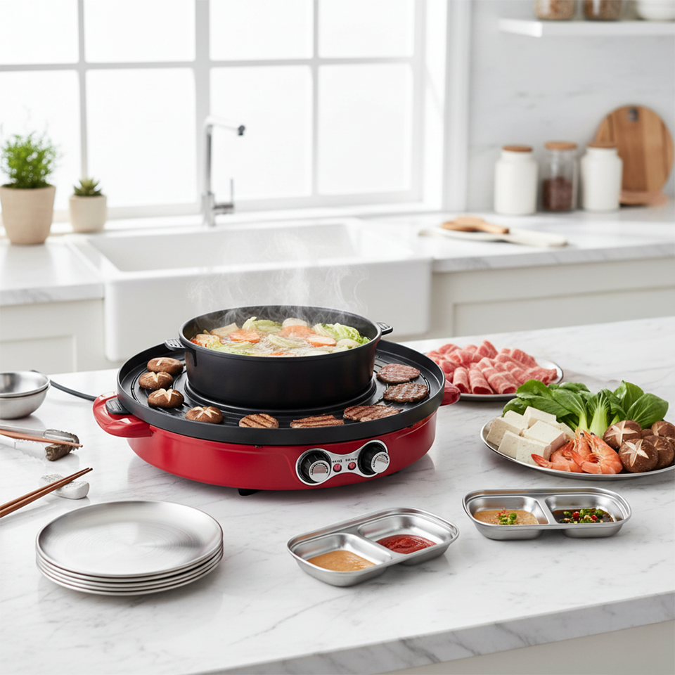 SOGA Kitchenware Bundle – 2-in-1 Electric Hot Pot BBQ Grill with Silver Grilling Plate & Sauce Pan