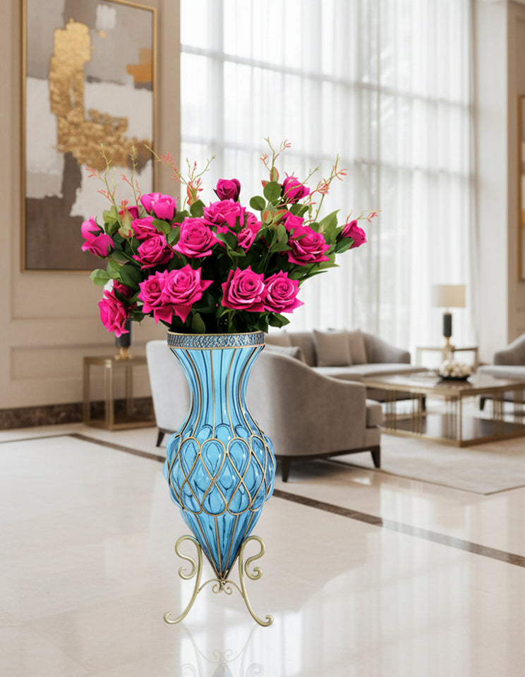 SOGA 67cm Blue Glass Tall Floor Vase and 12pcs Dark Pink Artificial Fake Flower Set