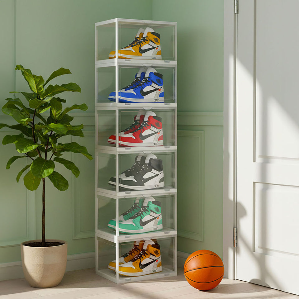 SOGA 2X 6 Tier Transparent Portable Shoe Organiser Sneaker Footwear Folding Plastic Bin Stackable Storage Box with Magnetic Door