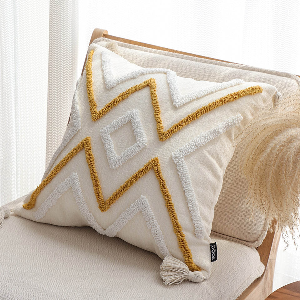 SOGA Boho Tufted Cushion 45cm Tassel Beige Yellow Geometric Chevron Throw Pillow