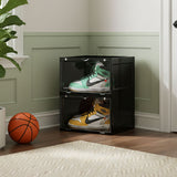 SOGA 2X 2 Tier Black Portable Shoe Organiser Sneaker Footwear Folding Plastic Bin Stackable Storage Box with Magnetic Door