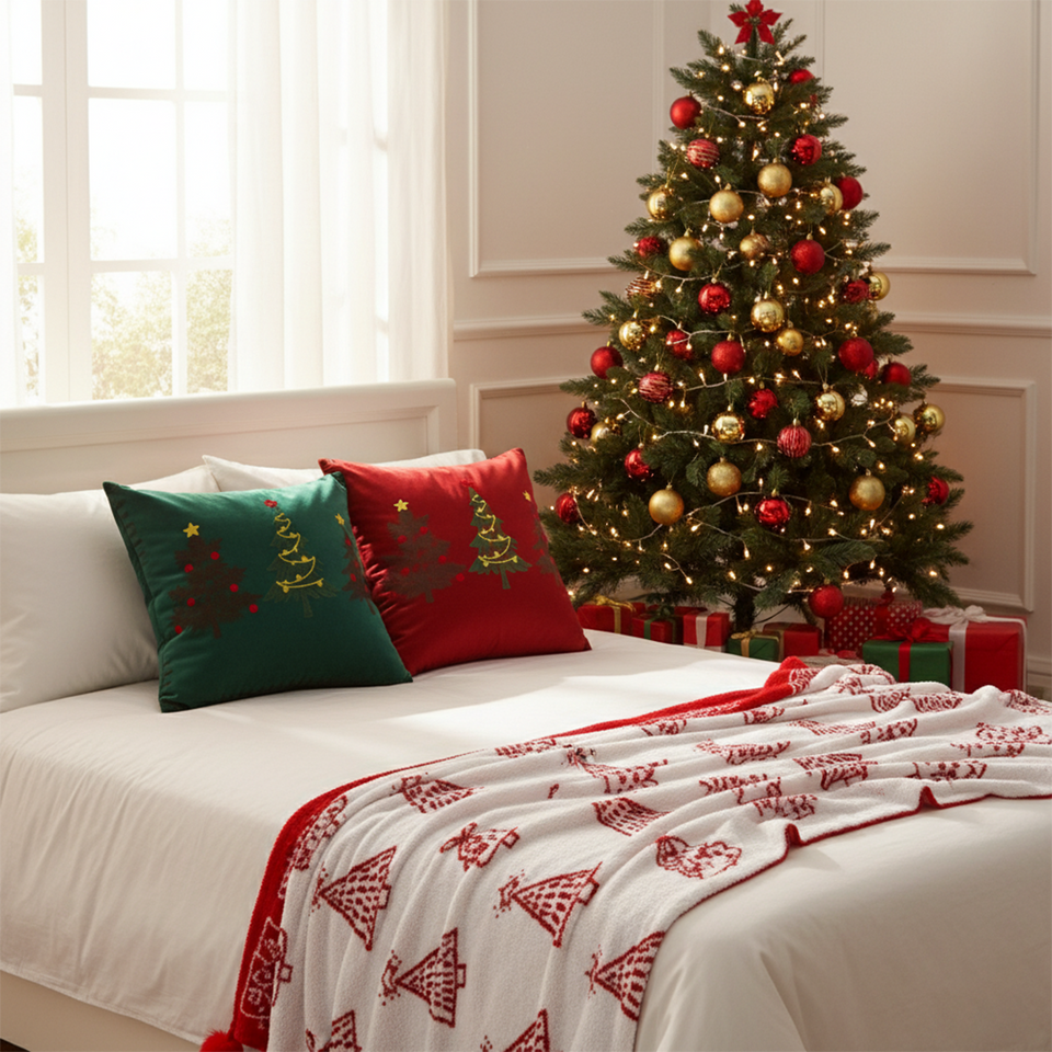 SOGA Christmas Bundle – Green & Burgundy Embroidered Tree Pillows & Red Holiday Throw Blanket
