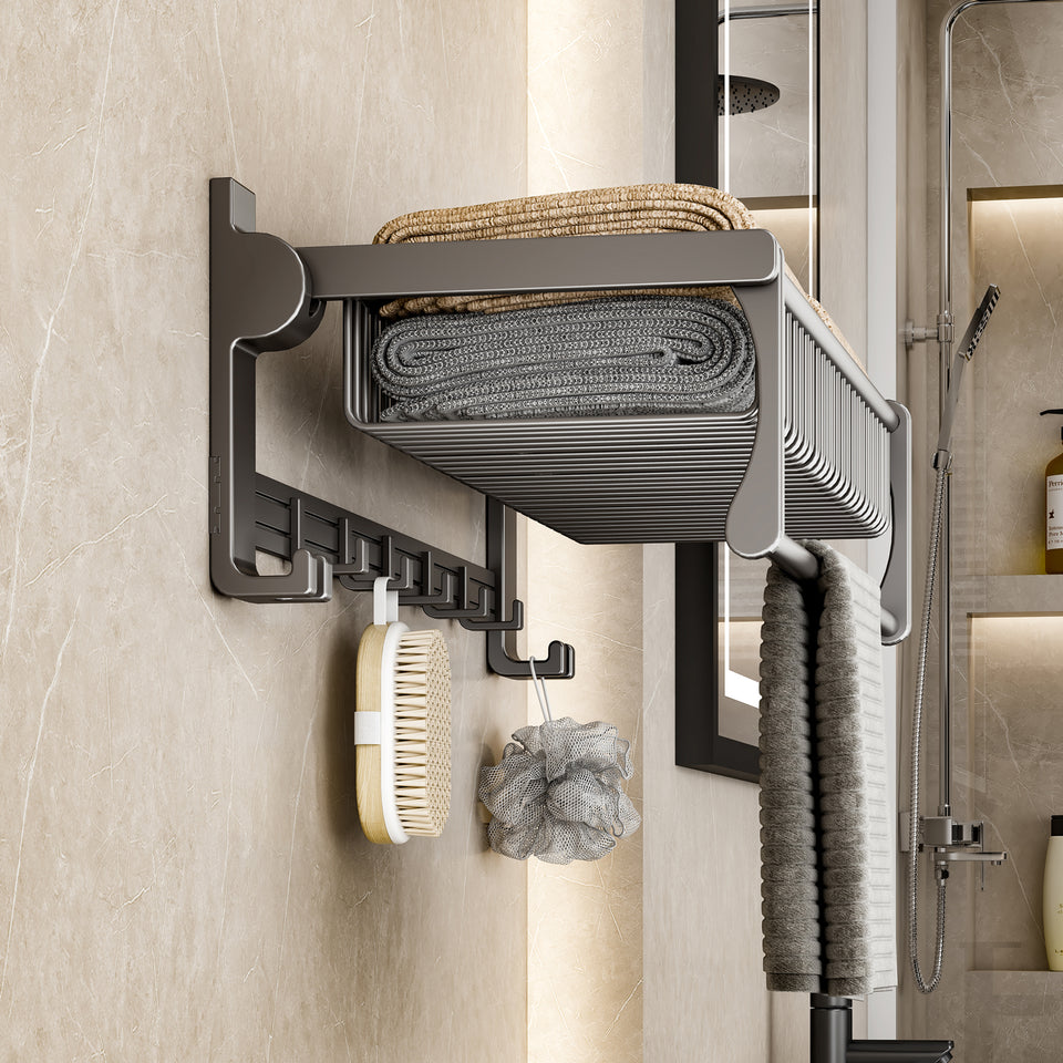 SOGA 50cm Wall-Mounted Double Pole Towel Holder Bathroom Organiser Rail Hanger with Hooks