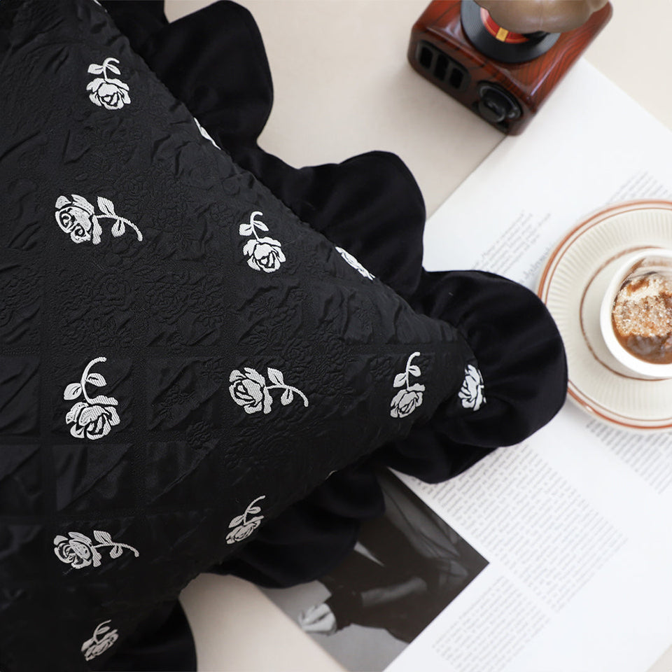 SOGA 2X 45cm Throw Pillow Black Ruffled Square Decorative Cushion for Rose Lovers Cozy Home Decor