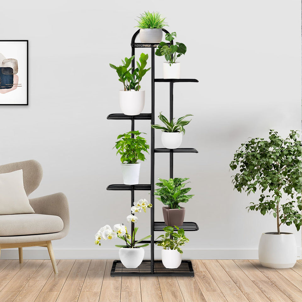 SOGA 7 Tier 8 Pots Black Metal Plant Stand Flowerpot Display Shelf Rack Indoor Home Office Decor
