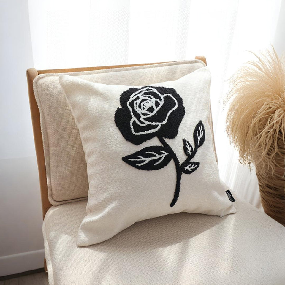 SOGA 2X 45cm White Black Single Rose Embroidered Throw Pillow