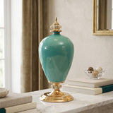 SOGA 42cm Ceramic Oval Flower Vase with Gold Metal Base Green