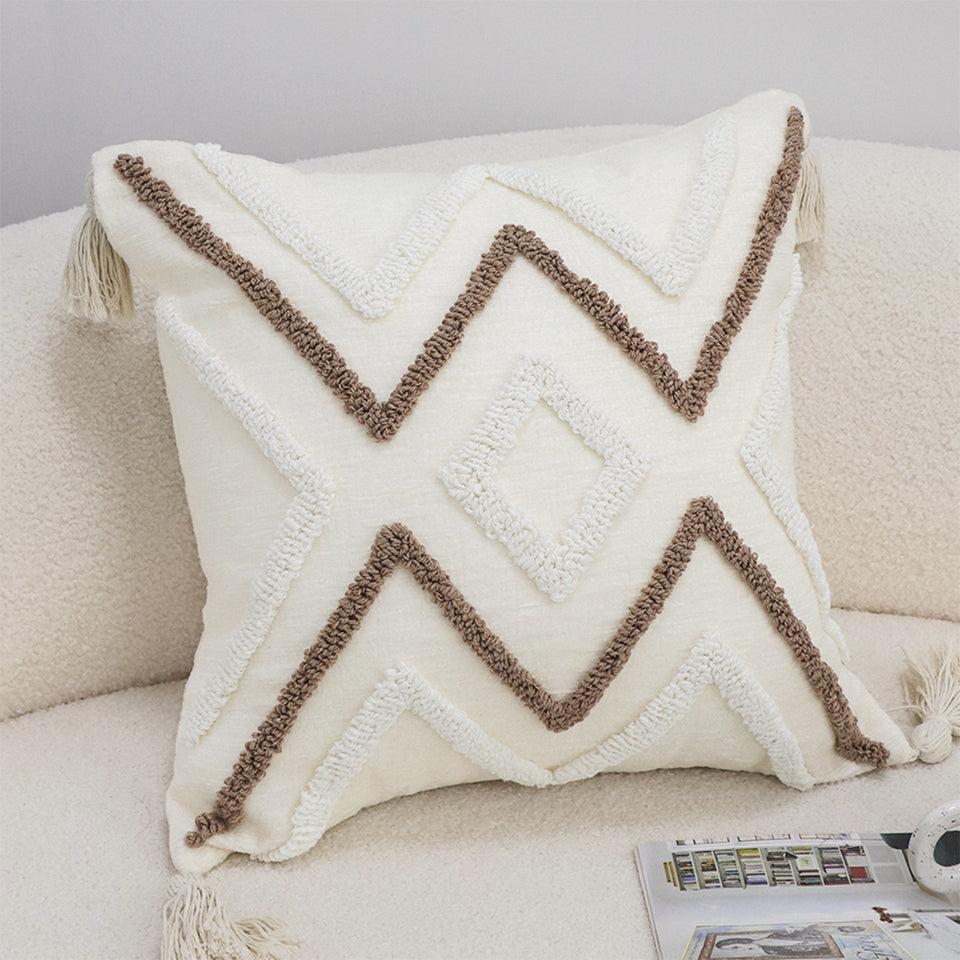 SOGA 2X Boho Tufted Cushion 45cm Tassel White Brown Geometric Decorative Throw Pillow