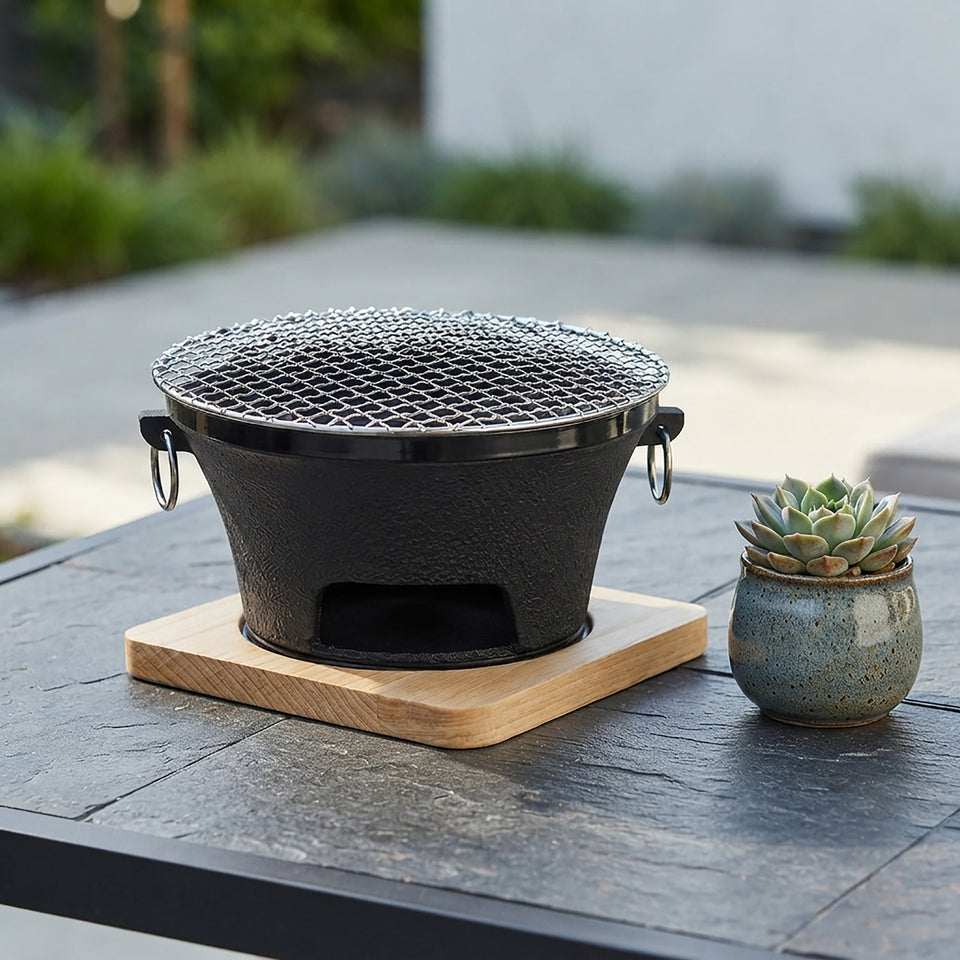 SOGA 2X Medium Cast Iron Round Stove Charcoal Table Net Grill Japanese Style BBQ Picnic Camping with Wooden Board