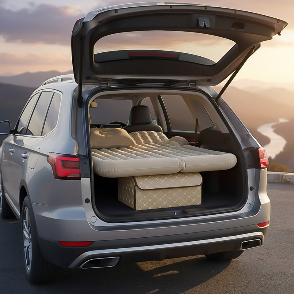 SOGA Car Bundle – Beige Leather Collapsible Trunk Organizer & Inflatable Boot Mattress