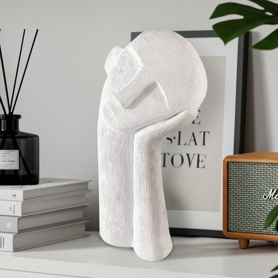 SOGA 38cm White Minimalist Head Resin Sculpture with Hand at Side and Linear Texture for Home Decor