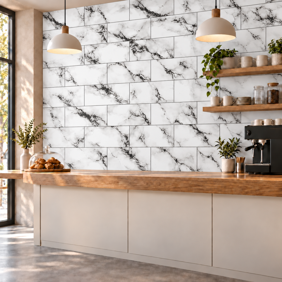 SOGA Peel & Stick Floor and Wall Tiles 30 x 60cm 10 Pack Black White Faux Marble