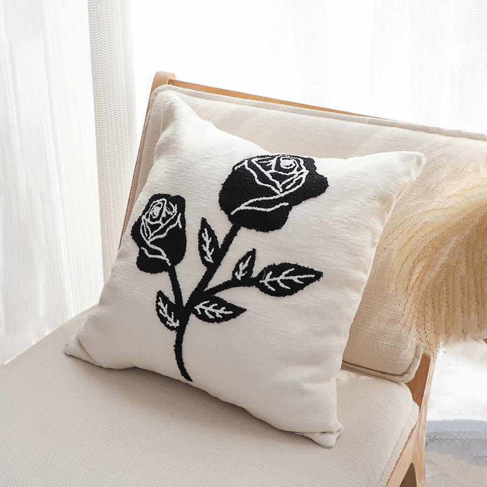 SOGA 2X 45cm White Black Rose Floral Embroidered Throw Pillow