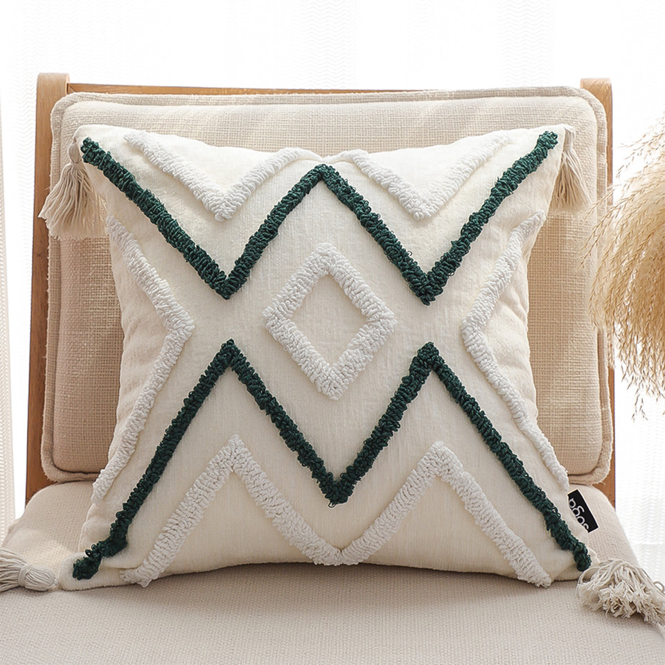 SOGA 2X Boho Tufted Cushion 45cm Tassel Beige Green Geometric Chevron Throw Pillow