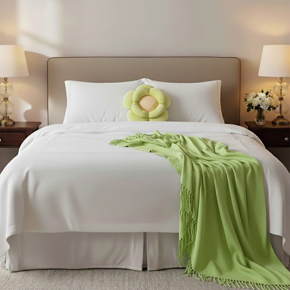 SOGA Home & Living Bundle – Green Double Flower Cushion & Acrylic Knitted Throw Blanket