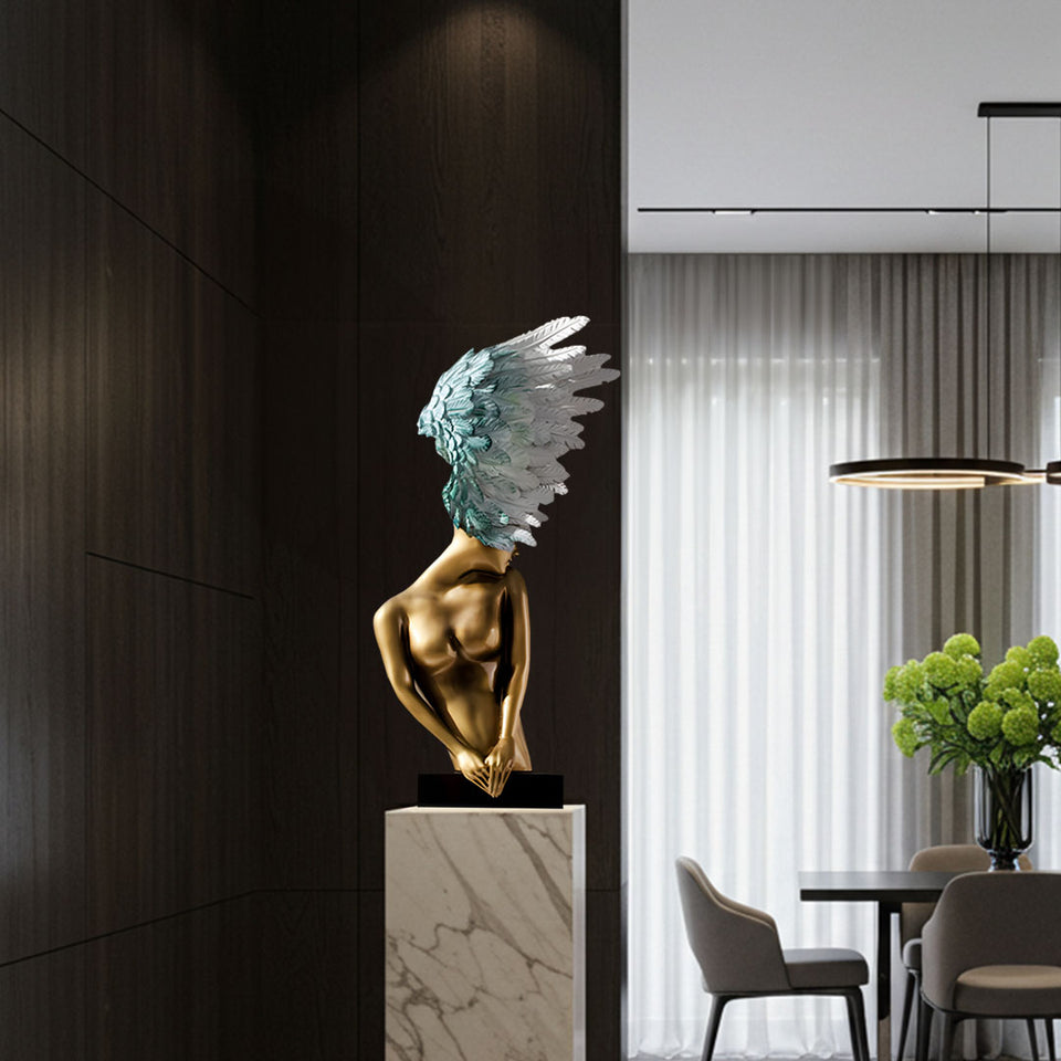 SOGA 86cm Modern Gold Bronze Winged Figure Sculpture with Artificial Marble Base for Home Decor