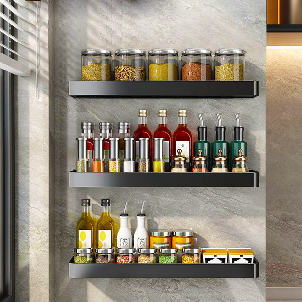 SOGA 32cm Black Wall-Mounted Rectangular Kitchen Spice Storage Organiser Space Saving Condiments Shelf Rack