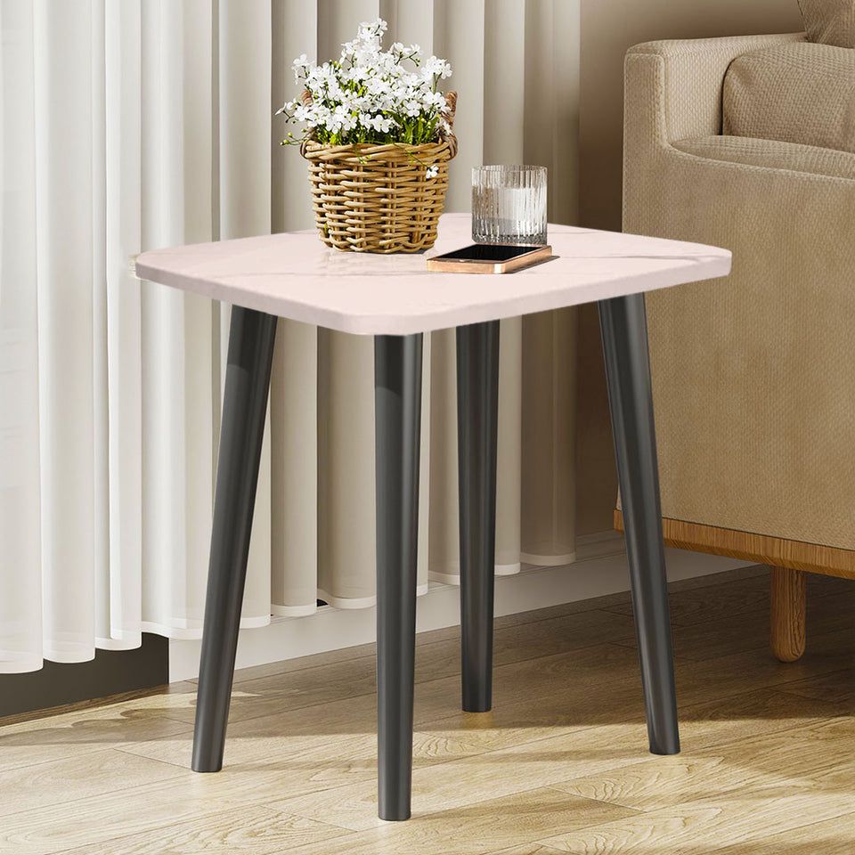 SOGA 2X 40cm White Stone-Patterned Table Compact Modern Design with Black Metal Legs