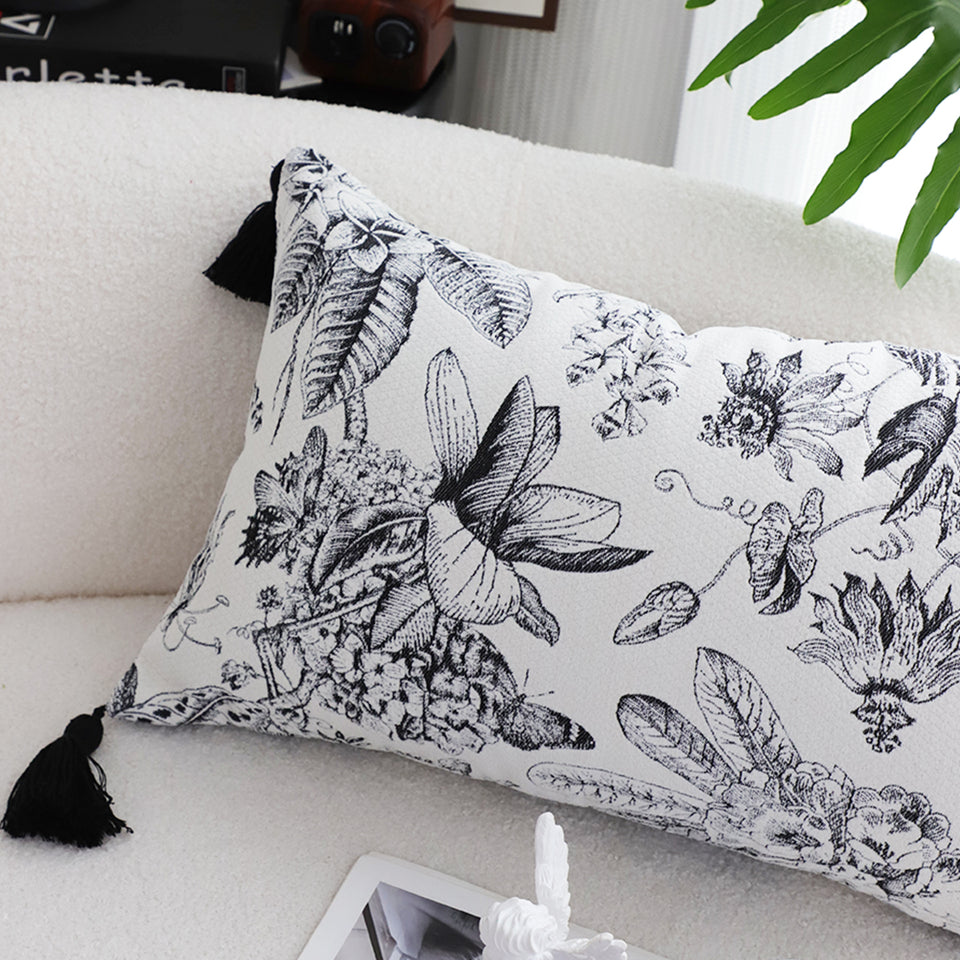 SOGA 2X 35cm Throw Pillow  Black and White Floral Print Elegant with Tassel Accents Home Decor