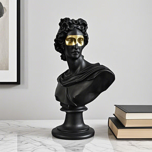 SOGA 40cm Black Classical Bust Resin Sculpture with Gold Eye Mask for Modern Home Decor