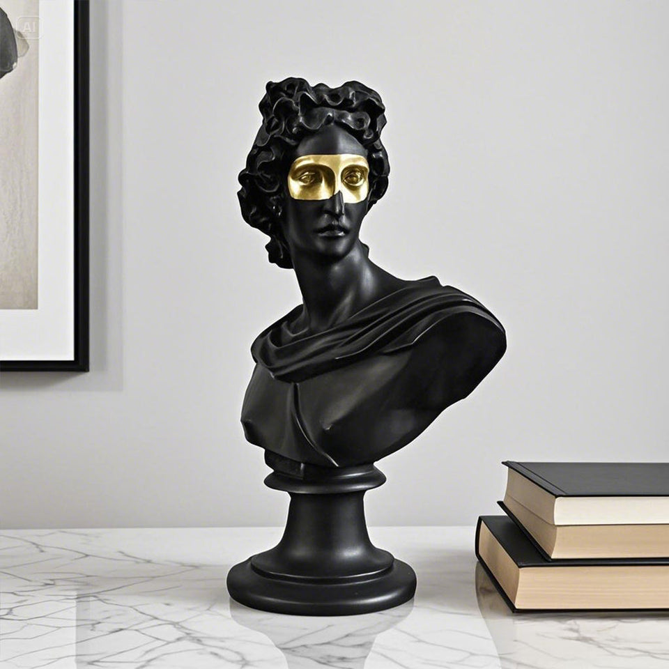 SOGA 40cm Black Classical Bust Resin Sculpture with Gold Eye Mask for Modern Home Decor