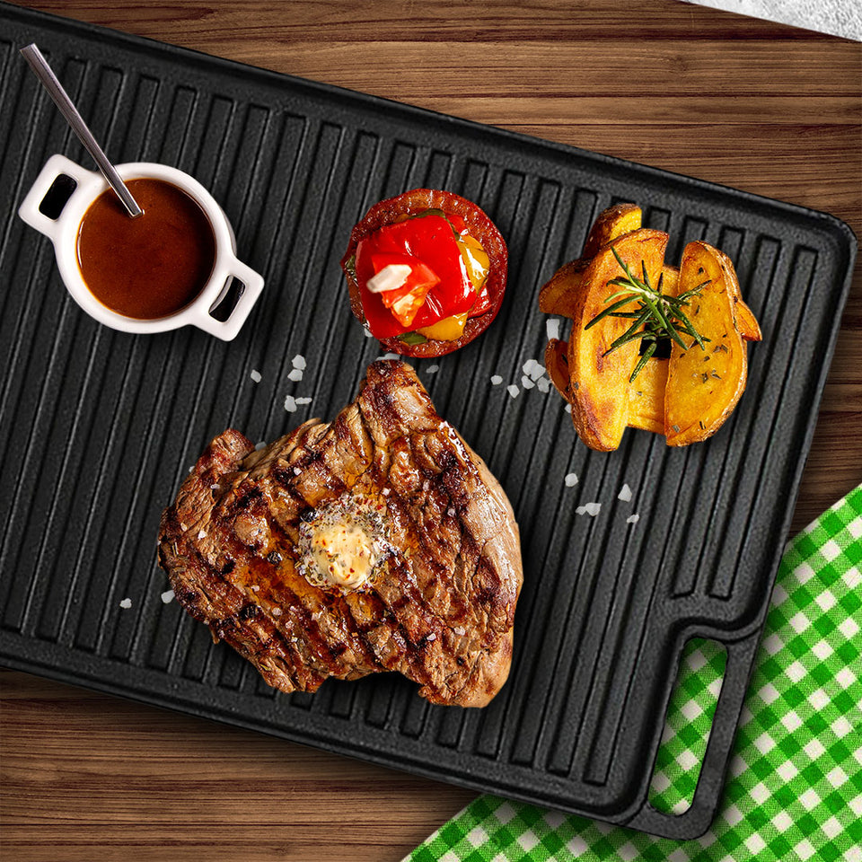 SOGA 2X 45cm Rectangular Cast Iron Portable Fry BBQ Grill Plate Cooking Pan Tray with Handle