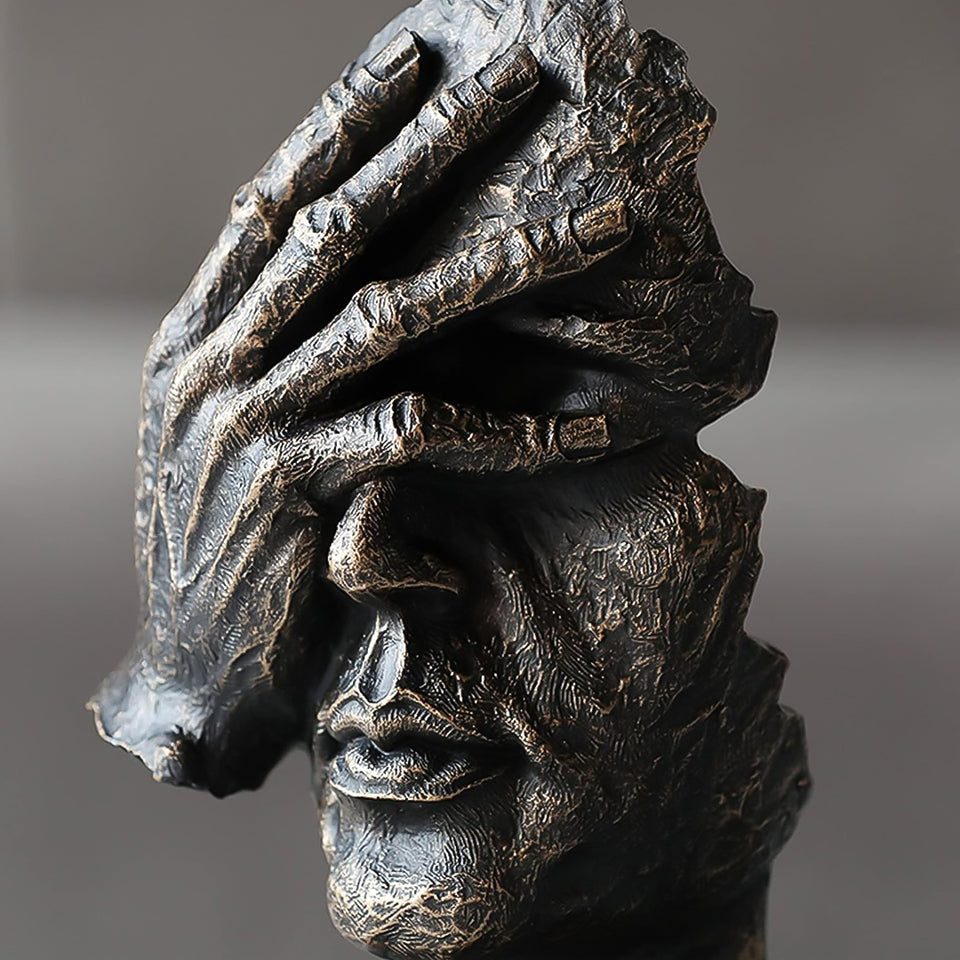 SOGA 30cm Black Resin Sculpture Covered Eyes Face Design Modern Art for Home Decor