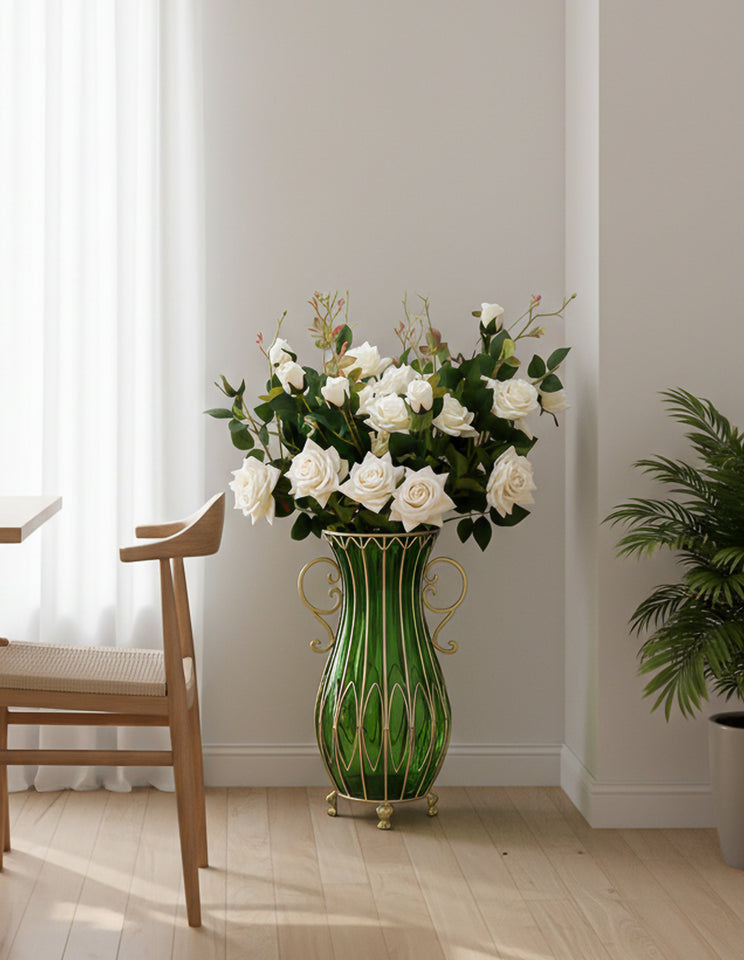 SOGA 51cm Green Glass Tall Floor Vase with 12pcs White Artificial Fake Flower Set