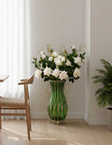 SOGA 51cm Green Glass Tall Floor Vase with 12pcs White Artificial Fake Flower Set