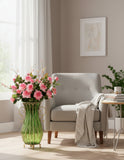 SOGA 51cm Green Glass Tall Floor Vase with 12pcs Pink Artificial Fake Flower Set
