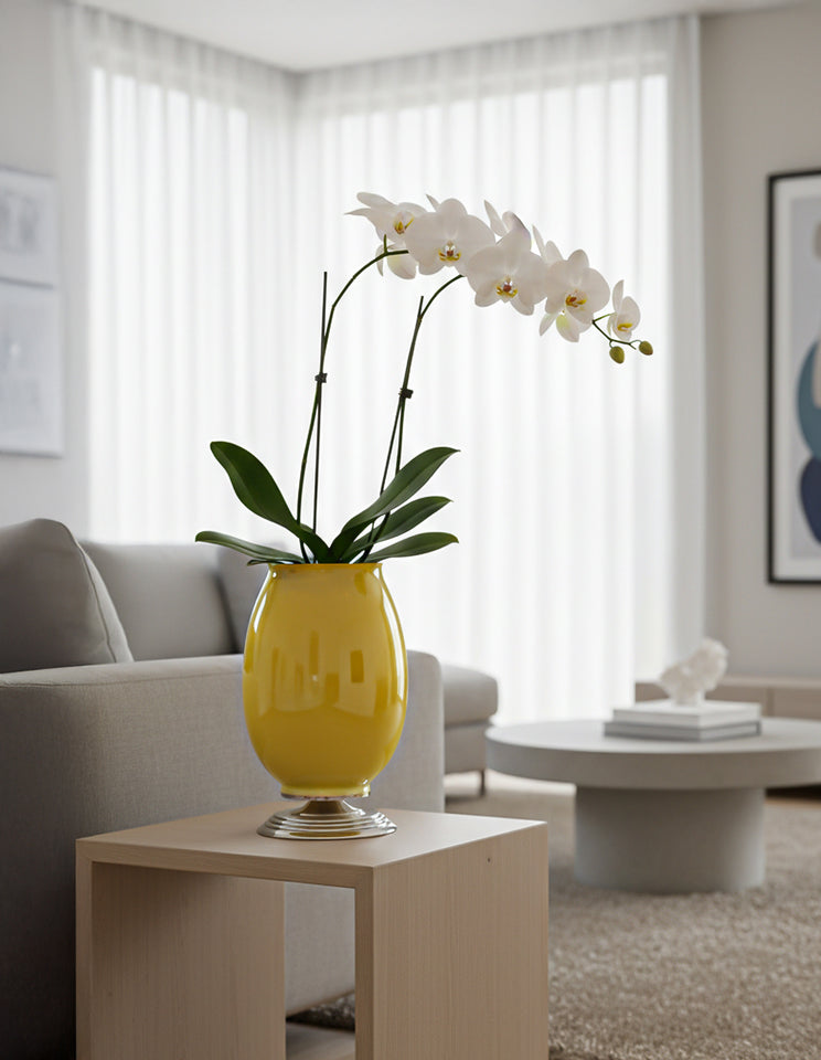 SOGA 2x 40cm Ceramic Oval Flower Vase with Gold Metal Base Yellow