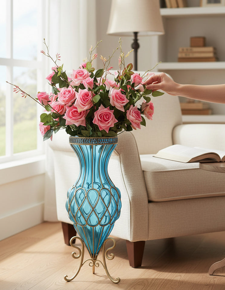 SOGA 67cm Blue Glass Tall Floor Vase and 12pcs Pink Artificial Fake Flower Set