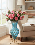 SOGA 67cm Blue Glass Tall Floor Vase and 12pcs Pink Artificial Fake Flower Set