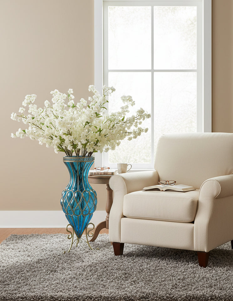 SOGA 67cm Blue Glass Tall Floor Vase with 10pcs White Artificial Fake Flower Set